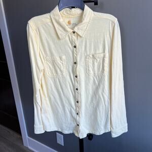 Carhartt Women's Yellow Button Down Shirt Top with Roll Tab Sleeves Size Large